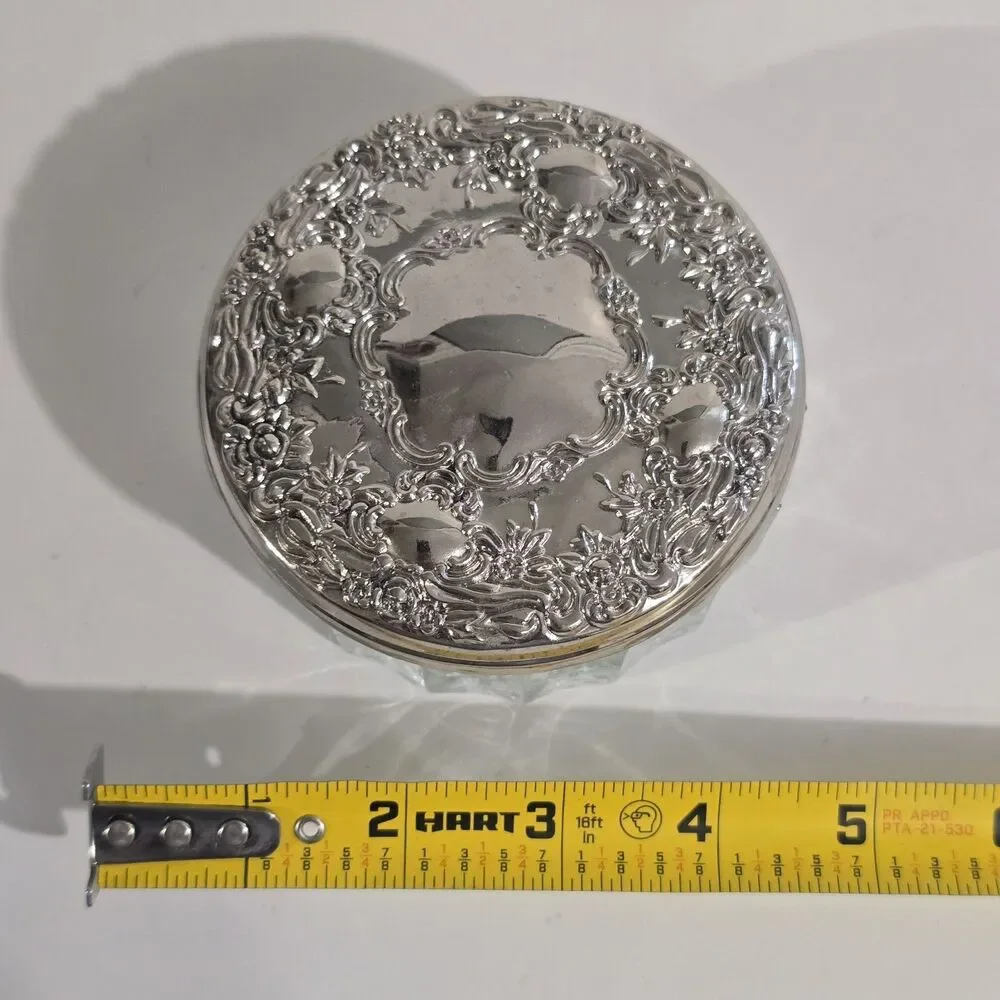 Vintage - Towle - Round Glass Dresser Jar Powder Box Plate Lid Mirror - Silver